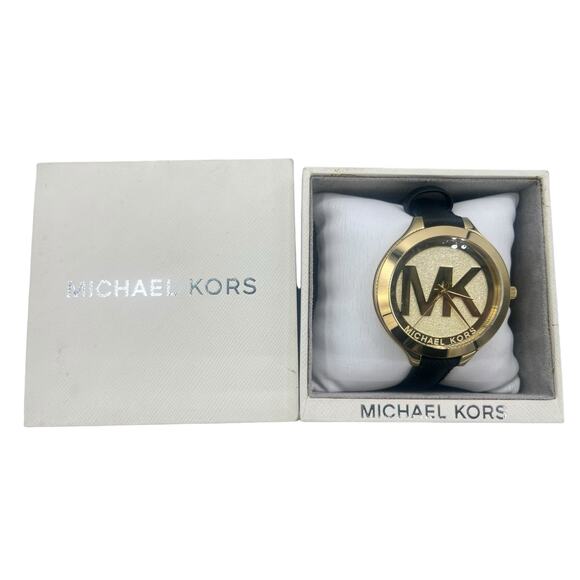 MICHAEL KORS Womens Slim
Runway Gold Tone MK Logo Face
Black Leather MK2392 - Picture 1 of 11